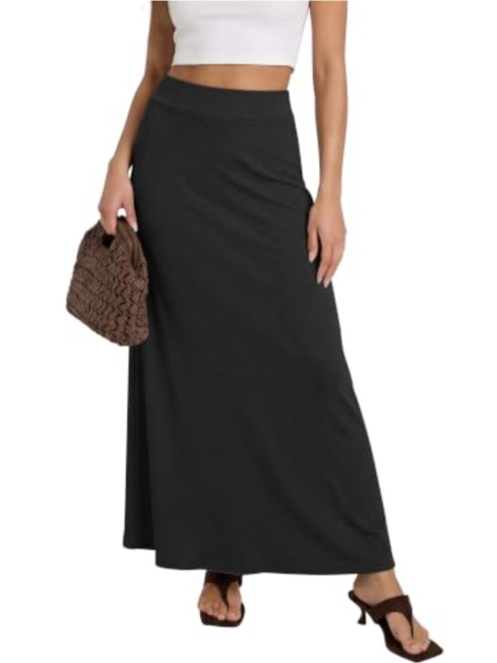 A-Line Long Maxi Skirt Below Knee for Women High Waist Elastic Waist with Slit